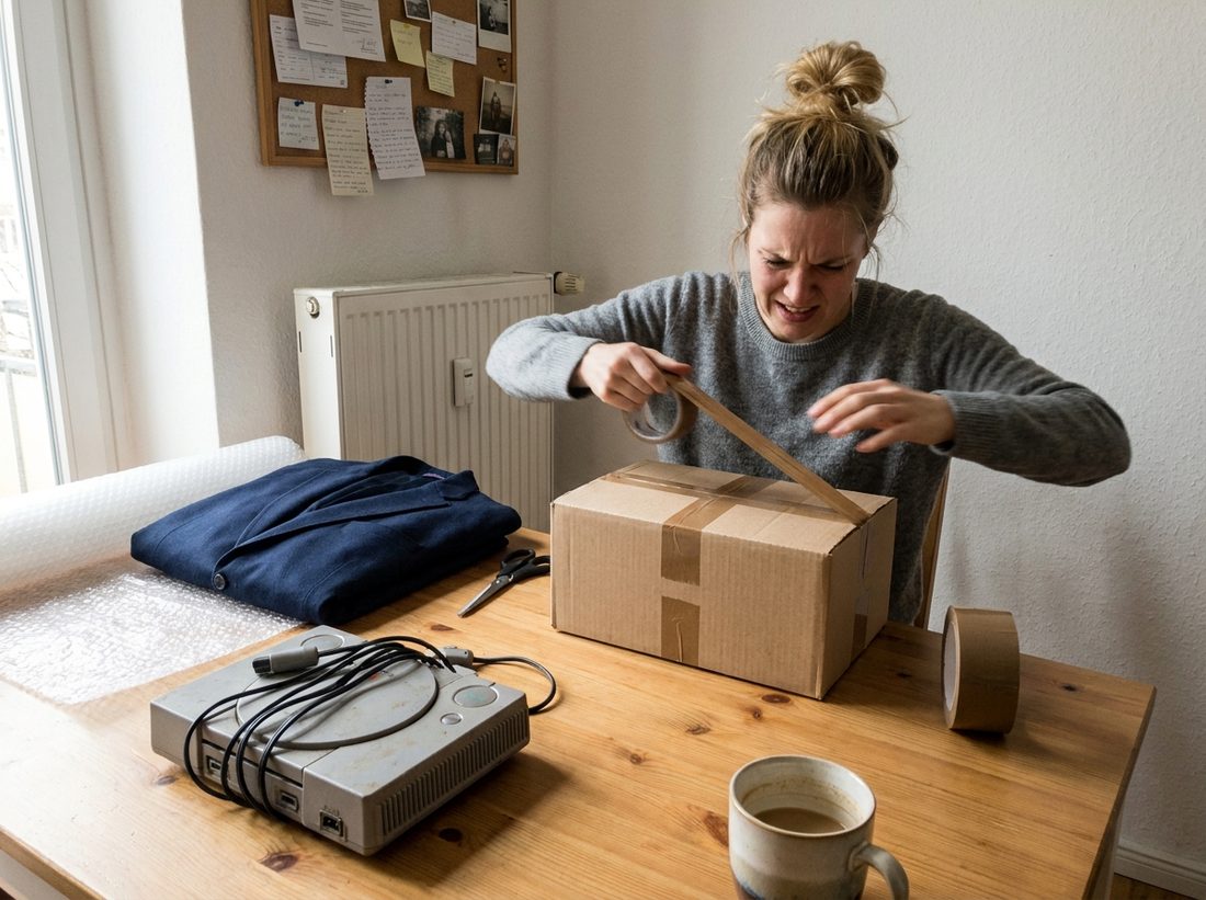 Frau verpackt ein Paket am Küchentisch